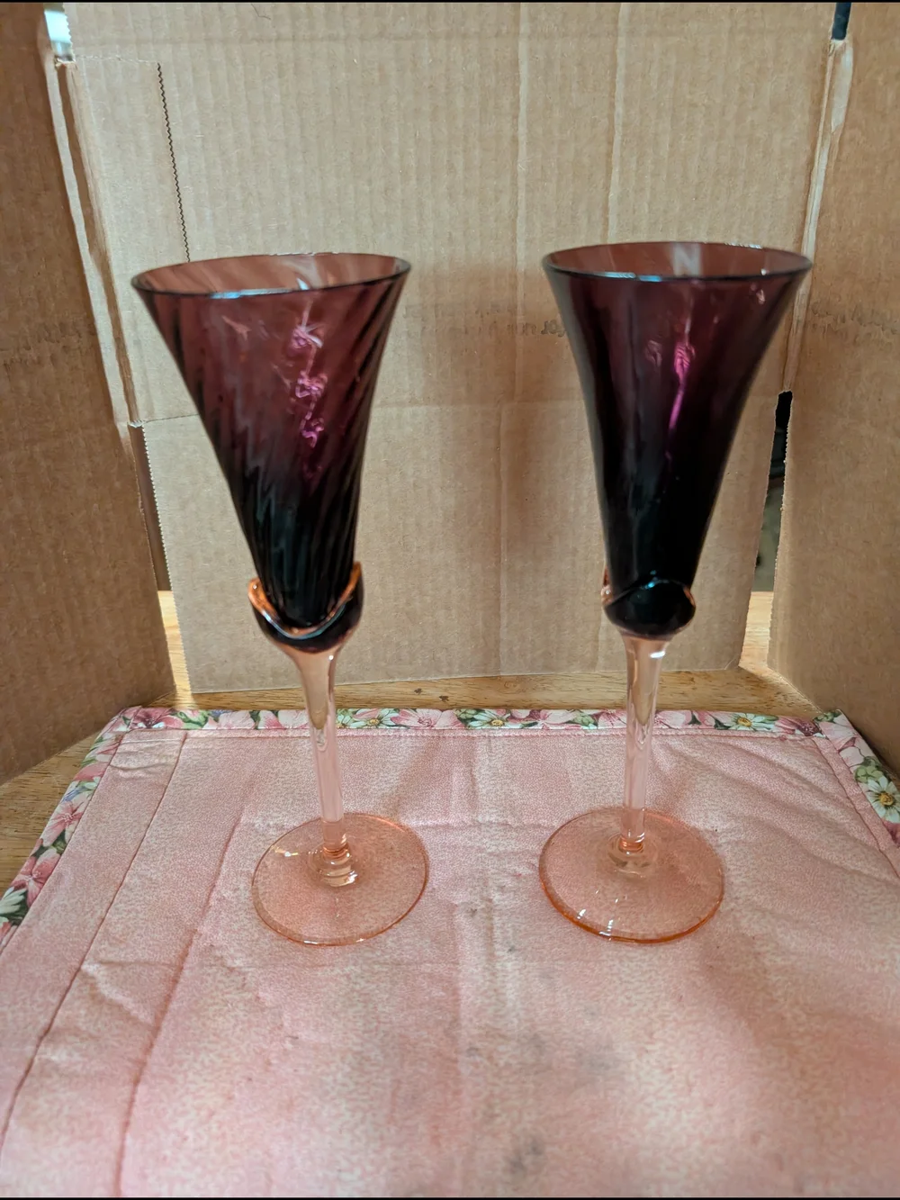 Handblown Amethyst and Pink Glass Champagne Flutes - Brand
